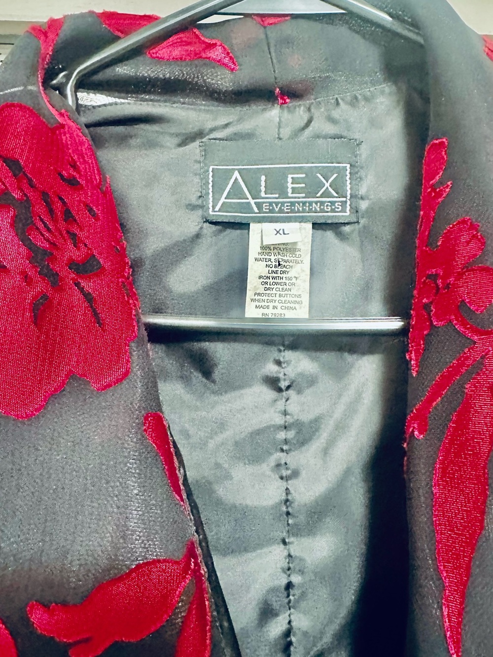 Alex Evenings Black Jacket with Red Floral Burnout - Picture 7 of 8